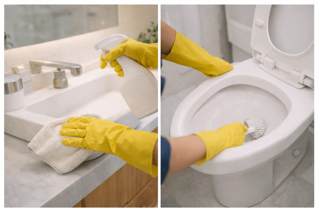 Limpeza profunda do banheiro com desinfetante na pia e vaso sanitário