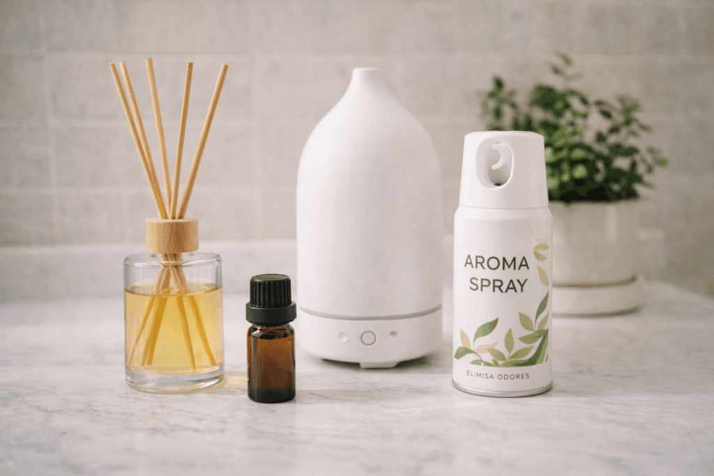 Aromatizadores para banheiro com difusor, óleo essencial e spray neutralizador