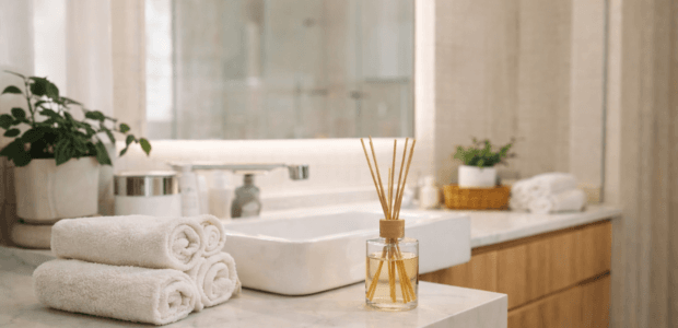 Banheiro perfumado com difusor e toalhas organizadas