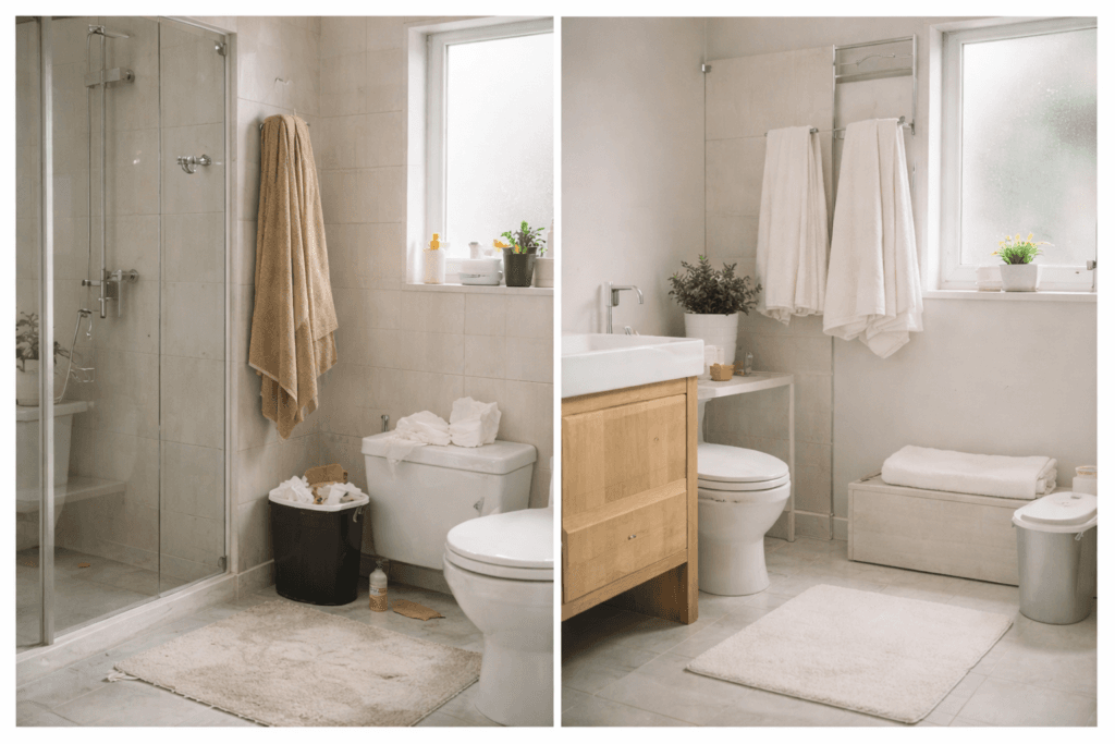 Antes e depois da limpeza do banheiro mostrando ambiente organizado e sem mau cheiro
