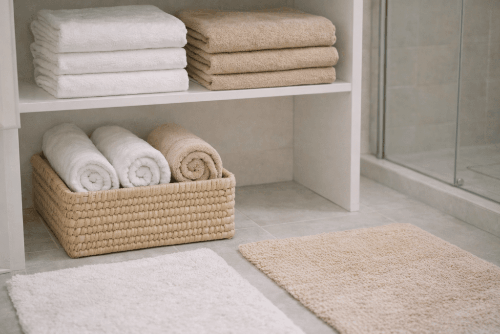 Toalhas e tapetes organizados e secos ajudam a evitar mau cheiro no banheiro