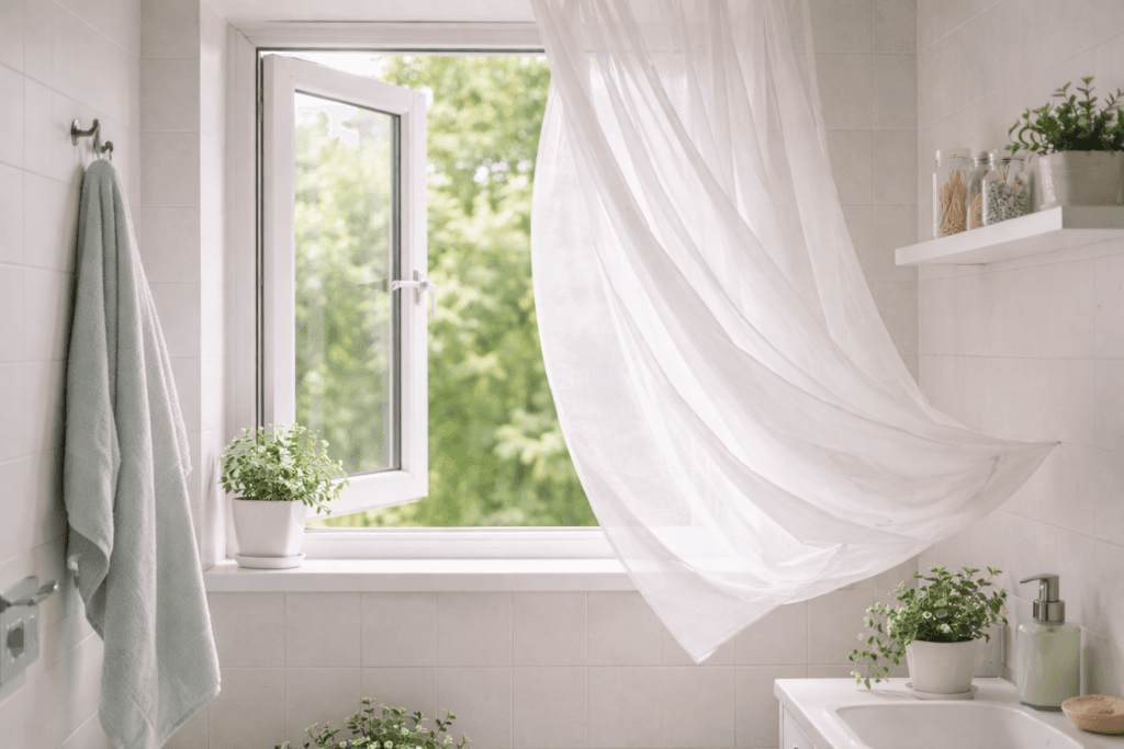 Banheiro com janela aberta e ventilação natural para evitar mau cheiro