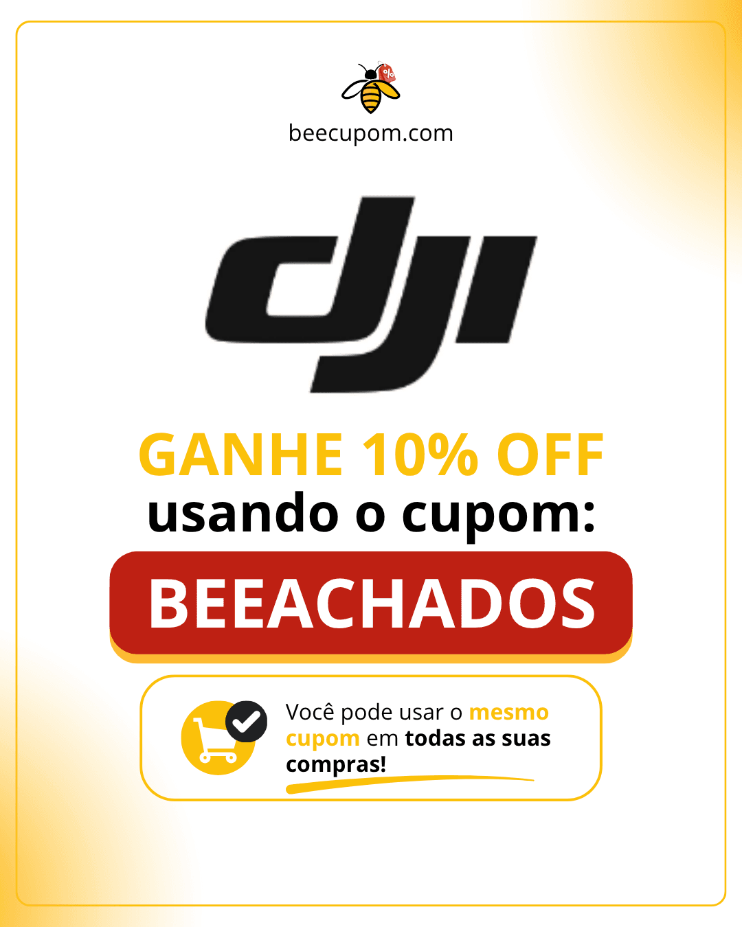 Logotipo da marca DJI em fundo preto destacando ofertas e cupons