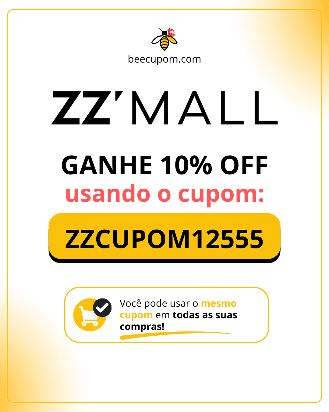 Cupom ZZ MALL com 10% OFF usando o código ZZCUPOM12555